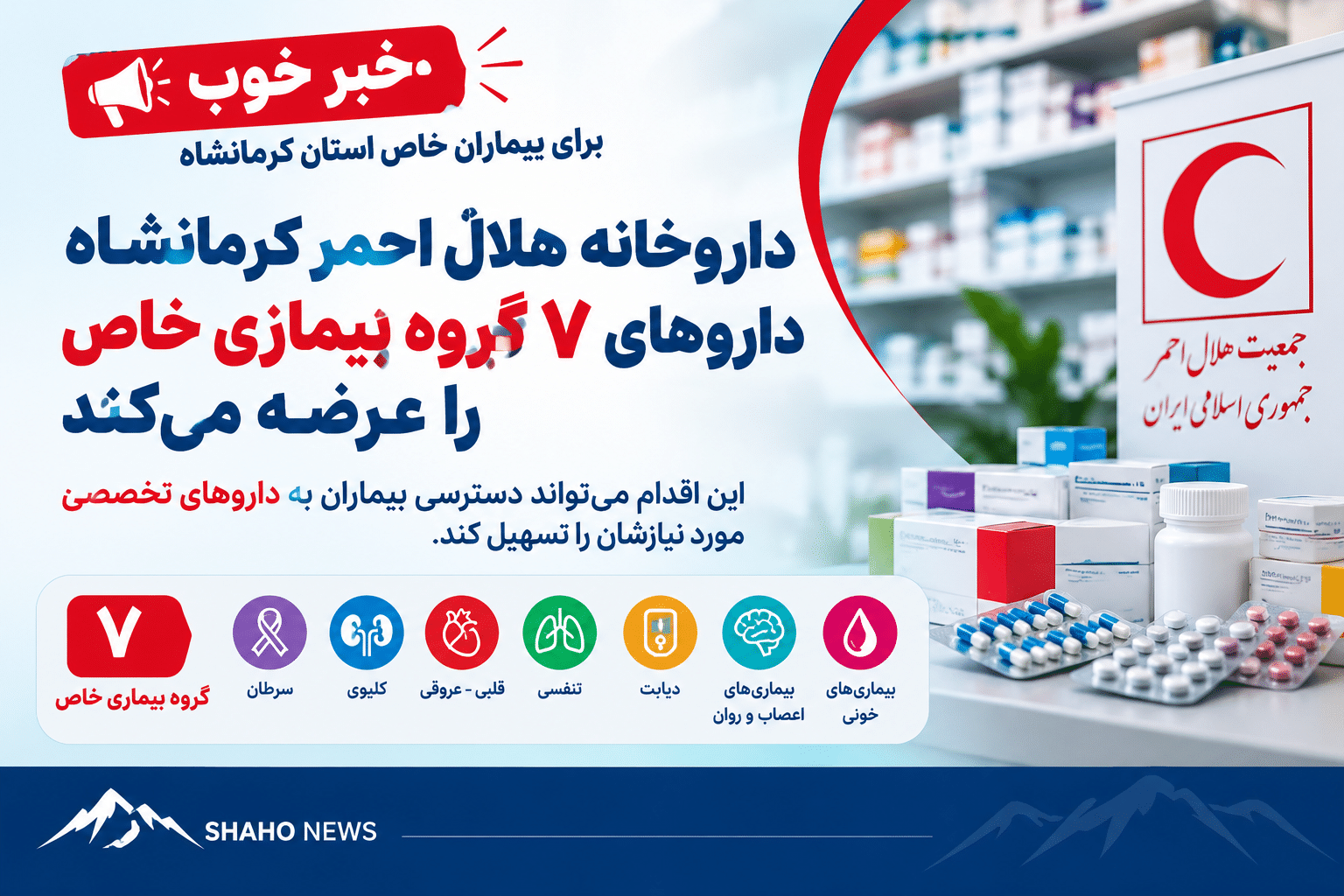 داروخانه هلال‌احمر کرمانشاه داروهای ۷ گروه بیماری خاص را عرضه می‌کند